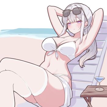 1girl arms_behind_head beach beach_chair bikini blush breasts character_request closed_mouth cocktail_glass commentary_request copyright_request cup day double-parted_bangs drinking_glass eyewear_on_head highres large_breasts long_hair looking_at_viewer outdoors ponytail purple_eyes rapid17 sidelocks sky solo sunglasses swimsuit thighhighs white_bikini white_hair white_sky white_thighhighs