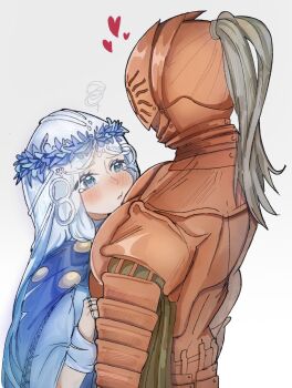 1boy 1girl armor blue_eyes blush braid cape covered_eyes doll_joints dress elden_ring elden_ring_nightreign executor_(elden_ring) flower_wreath head_wreath heart helmet helmet_over_eyes highres joints low_twin_braids miestymie revenant_(elden_ring) tearing_up topknot twin_braids upper_body veil white_background white_veil