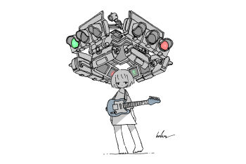 1girl absurdres arms_at_sides barefoot commentary electric_guitar guitar highres instrument kaduise looking_at_viewer monochrome no_pants original oversized_clothes oversized_shirt pedestrian_lights shirt short_hair short_sleeves signature simple_background single_off_shoulder solo spot_color standing t-shirt traffic_light