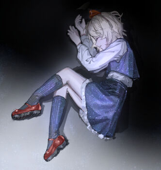 1girl absurdres black_skirt black_vest blonde_hair closed_eyes frills full_body hair_ribbon highres lying magnistr1 on_side open_mouth red_ribbon red_shoes ribbon rumia shoes short_hair skirt solo stocks touhou vest
