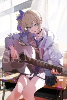 Rule 34 | 1girl, :d, black choker, blonde hair, chair, choker, classroom, curtains, day, desk, green eyes, grey jacket, guitar, hair ornament, hairclip, highres, holding, holding guitar, holding instrument, hood, hood down, hooded jacket, indoors, instrument, jacket, jewelry, kurumi noah, kurumi noah (8th costume), long sleeves, looking at viewer, medium hair, miniskirt, music, necklace, necktie, oekaki taro, official art, on desk, open clothes, open jacket, open mouth, parallel hairclips, playing guitar, playing instrument, purple hair, sample watermark, school chair, school desk, school uniform, second-party source, shirt, shoes, side ponytail, sitting, skirt, smile, socks, virtual youtuber, vspo!, watermark, white shirt, white shoes, white socks