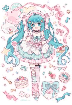 1girl :d ahoge artist_name asymmetrical_legwear balloon bare_shoulders beamed_sixteenth_notes blue_bow blue_bowtie blue_eyes blue_hair blue_shoes blue_socks blueberry bow bowtie box cake cake_hair_ornament cake_slice character_name checkerboard_cookie commentary cookie crepe dress eighth_note english_commentary food food-themed_hair_ornament fortissimo frilled_dress frilled_gloves frills fruit full_body gift gift_box gloves hair_bow hair_ornament hands_up hat hatsune_miku heart_balloon highres kneehighs leg_warmers long_hair looking_at_viewer mismatched_legwear musical_note musical_note_hair_ornament off-shoulder_dress off_shoulder open_mouth outline pink_leg_warmers pink_outline pink_ribbon pink_thighhighs polka_dot polka_dot_ribbon ribbon shoes simple_background single_kneehigh single_leg_warmer single_sock single_thighhigh smile socks solo standing strawberry streamers striped_bow striped_clothes striped_socks striped_thighhighs thighhighs twintails uneven_legwear vocaloid white_background white_bow white_dress white_gloves white_hat yukomeow