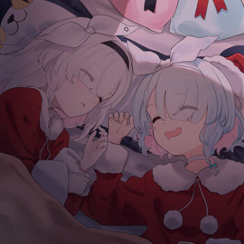 2girls arona_(blue_archive) bed bed_sheet black_hairband blue_archive blue_hair choker colored_inner_hair commentary_request daifuku_(tkja3555) hairband hat highres long_hair multicolored_hair multiple_girls parted_lips pillow plana_(blue_archive) saliva santa_costume santa_hat short_hair sleeping stuffed_toy white_choker white_hair white_hairband