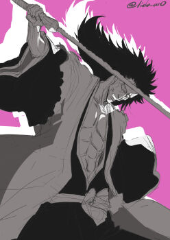 Rule 34 | 1boy, abs, bleach, bleach: sennen kessen-hen, commentary request, crazy eyes, crazy grin, greyscale with colored background, haori, highres, holding, holding sword, holding weapon, japanese clothes, lido an0, long hair, male focus, pink background, shihakusho, sketch, solo, sword, taichou haori, twitter username, weapon, wide sleeves, zanpakutou, zaraki kenpachi