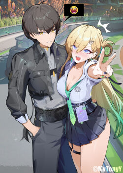 1boy 1girl absurdres awesome_face black_hair black_jacket black_nails black_pants black_skirt blonde_hair blue_eyes blush breasts commentary english_commentary fingernails gradient_hair green_hair green_nails green_necktie grey_shirt hair_ornament hand_in_pocket highres id_card jacket large_breasts looking_at_viewer lynae_(wuthering_waves) male_rover_(wuthering_waves) miniskirt multicolored_hair nail_polish necktie open_mouth outstretched_arm pants parted_lips rover_(wuthering_waves) shirt skirt skull_hair_ornament smile spoken_expression tony_maverick twitter_username white_shirt wuthering_waves yellow_eyes