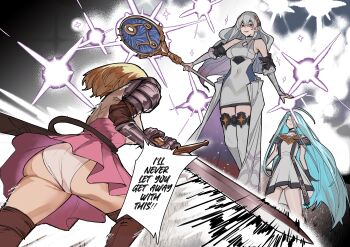 3girls absurdres ahoge ass battle blonde_hair blue_hair closed_eyes djeeta_(granblue_fantasy) dress english_text evil_smile gauntlets granblue_fantasy granblue_fantasy:_relink grey_hair highres holding holding_sword holding_weapon lilith_(granblue_fantasy:_relink) long_hair lyria_(granblue_fantasy) magic medium_hair motion_lines multiple_girls oha_v panties pantyshot red_eyes simple_background skirt smile speech_bubble staff sword underwear very_long_hair weapon