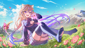 Rule 34 | 1girl, animal ears, azna, black thighhighs, blue sky, breasts, brown hair, cat cutout, cat ears, cat girl, cat tail, cleavage, cleavage cutout, clothing cutout, cloud, commentary request, dress, floating hair, flower, gradient hair, grass, grasslands, hair flower, hair ornament, highres, indie virtual youtuber, large breasts, long hair, long sleeves, looking at viewer, mountain, mountainous horizon, multicolored flower, multicolored hair, neko ella, no shoes, open mouth, outdoors, petals, pink flower, pink petals, purple eyes, purple hair, purple sweater, sitting, sky, solo, strap, streaked hair, sweater, sweater dress, tail, thighhighs, turtleneck, turtleneck dress, turtleneck sweater, very long hair, virtual youtuber