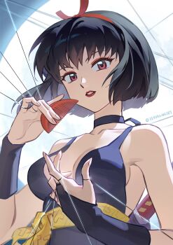Rule 34 | 11rukawa187, 1girl, bare shoulders, black hair, bob cut, breasts, cleavage, comb, commentary request, eyelashes, eyeliner, hairband, highres, holding, holding comb, inuyasha, looking at viewer, makeup, puppet strings, red eyeliner, red eyes, red hairband, red lips, sakasagami no yura, short hair, simple background, solo, twitter username, upper body