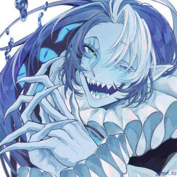 1boy absurdres artist_name black_shirt blue_eyes blue_hair blue_skin claws colored_skin cookie_run cookie_run:_kingdom facial_mark floating_hair hair_between_eyes hands_up heterochromia highres humanization long_hair looking_at_viewer male_focus mismatched_pupils multicolored_hair neck_ruff noah_9556 open_mouth own_hands_together pointy_ears shadow_milk_cookie sharp_teeth shirt simple_background smile solo star_(symbol) star_facial_mark teeth tongue two-tone_hair upper_body water_drop white_background white_hair