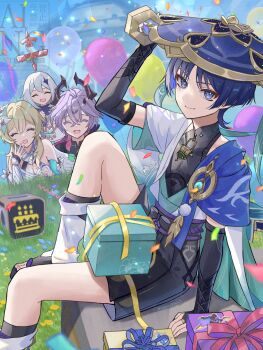 2boys 2girls balloon blonde_hair blue_eyes blue_hair box cake closed_eyes durin_(genshin_impact) food genshin_impact gift gift_box highres knees_up looking_at_viewer lumine_(genshin_impact) multiple_boys multiple_girls paimon_(genshin_impact) purple_hair ribbon scaramouche_(genshin_impact) snow20200 vision_(genshin_impact) wanderer_(genshin_impact) white_hair