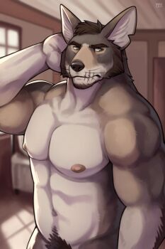 1boy 7th_art_forge abs animal_ears arm_behind_head bara beard brown_fur chest_hair commentary completely_nude english_commentary facial_hair furry furry_male grey_fur highres indoors large_pectorals looking_at_viewer male_focus male_pubic_hair mature_male muscular muscular_male navel navel_hair nipples nude out-of-frame_censoring pectorals pubic_hair scar short_hair solo stomach the_smoke_room william_adler_(the_smoke_room) wolf_boy wolf_ears