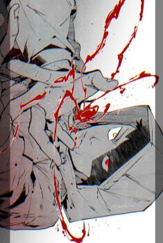 1boy aoi_(aoi68) commentary_request hemokinesis hood hooded_jacket itadori_yuuji jacket jujutsu_kaisen jujutsu_kaisen_modulo male_focus monochrome multicolored_eyes scar solo two-tone_eyes