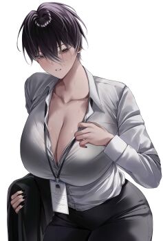 1girl absurdres black_hair black_jacket black_nails black_pants breasts brown_eyes commentary english_commentary hair_between_eyes highres id_card jacket large_breasts long_sleeves may_(ulularts) mole mole_under_eye multicolored_hair open_clothes open_shirt original pants shirt short_hair solo streaked_hair sweat teeth ulularts unworn_jacket white_shirt