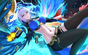 1girl ahoge aiming aiming_at_viewer black_jacket black_pantyhose black_thighhighs blue_bra bra breasts chimera_(wuthering_waves) cropped_jacket galbrena_(wuthering_waves) grey_hair hair_between_eyes hair_intakes jacket large_breasts looking_at_viewer massoukei navel pantyhose parted_lips purple_eyes signature single_leg_pantyhose single_thighhigh stomach tacet_discord_(wuthering_waves) thigh_strap thighhighs underwear wuthering_waves