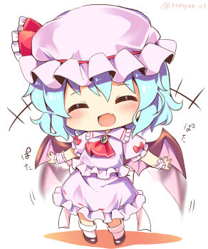 Rule 34 | +++, 1girl, :d, ^ ^, ascot, black shoes, blue hair, bow, chibi, chibi only, closed eyes, commentary request, facing viewer, fang, flapping, frilled shirt collar, frills, full body, hat, hat ribbon, highres, open mouth, pink hat, pink shirt, pink skirt, puffy short sleeves, puffy sleeves, ramudia (lamyun), red ascot, red bow, red ribbon, remilia scarlet, ribbon, shirt, shoes, short hair, short sleeves, simple background, skin fang, skirt, smile, socks, solo, sound effects, touhou, white background, white socks, wrist cuffs