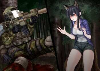 1boy 1girl absurdres aiming ammunition_pouch animal_ears assault_rifle black_gloves black_hair black_shorts blue_shirt breasts bulletproof_vest camouflage camouflage_pants camouflage_shirt cleavage combat_helmet earmuffs eotech forest fox_ears fox_girl fox_tail gloves green_pants green_shirt gun handgun hands_up helmet highres holding holding_gun holding_weapon holster kitsune long_hair m4skedboi medium_breasts nature on_ground open_clothes open_shirt original pants parted_lips pouch red_eyes rifle scared scp_foundation shirt short_shorts shorts sidelocks sitting smile split_screen suppressor sweatdrop tail tears visor_(armor) weapon white_shirt