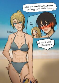 3girls abs annie_leonhart ball beach beachball bikini black_hair blonde_hair blue_bikini blue_hair blush denial english_text grey_eyes highres krista_lenz mikasa_ackerman multiple_girls muscular muscular_female ocean shingeki_no_kyojin swimsuit tumblr_username yuri