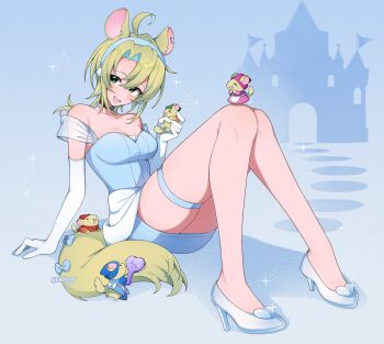 absurdres ahoge ashton_marten_(vtuber) chinchilla_ears chinchilla_girl chinchilla_tail cinderella_(disney_movie) dress elbow_gloves feet glass_slipper gloves green_eyes headband high_heels highres indie_virtual_youtuber legs nackoyo thigh_strap