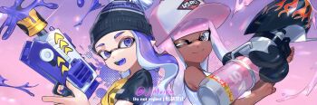 2girls artist_name back-to-back beanie black_headwear black_shirt blue_eyes commentary dark-skinned_female dark_skin dot_nose grey_eyes gun hat holding holding_gun holding_weapon inkling inkling_girl inkling_player_character jinkoika long_hair multiple_girls nintendo one_eye_closed open_mouth paint pink_background pink_headwear purple_hair range_blaster_(splatoon) rapid_blaster_(splatoon) shirt smile splatoon_(series) symbol-only_commentary teeth two-tone_shirt upper_teeth_only weapon white_shirt yellow_shirt