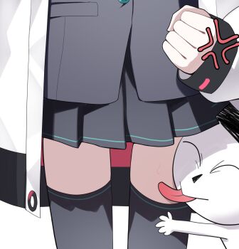 1boy 1girl anger_vein black_skirt black_thighhighs blue_archive clenched_hand commentary_request doodle_sensei_(blue_archive) hetero highres jacket kei_(blue_archive) licking_thigh lower_body miniskirt pleated_skirt sensei_(blue_archive) skirt teruisi thighhighs white_jacket