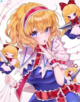 4girls alice_margatroid apron blonde_hair blue_dress blue_eyes bow bowtie collar commentary doll dress frilled_cuffs frilled_hairband frilled_sash frills hair_bow hairband highres jewelry lance lolita_hairband multiple_girls polearm puffy_sleeves puppet_rings puppet_strings red_bow red_bowtie red_hairband red_wrist_cuffs ring samon_(vxxr8575) sash shanghai_doll symbol-only_commentary touhou waist_apron weapon white_apron white_background white_collar wrist_cuffs