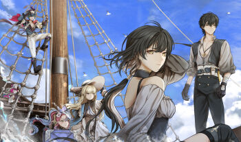 2boys 4girls absurdres alternate_costume bare_shoulders black_gloves black_hair black_pants blonde_hair blue_sash blue_shirt blue_sky brant_(wuthering_waves) carlotta_(wuthering_waves) closed_mouth commentary day dual_persona english_commentary female_rover_(wuthering_waves) fons gloves hair_between_eyes hand_up hat highres jewelry long_hair looking_at_viewer looking_to_the_side low_ponytail male_rover_(wuthering_waves) multiple_boys multiple_girls necklace outdoors pants phoebe_(wuthering_waves) ponytail roccia_(wuthering_waves) rover_(wuthering_waves) sash ship shirt skirt sky watercraft white_hat white_pants white_skirt wuthering_waves yellow_eyes