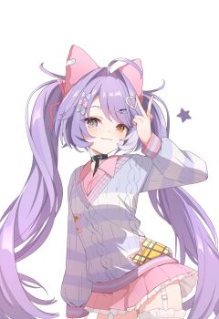 1girl :3 ahoge aran_sweater arm_at_side black_collar blue_eyes bow brown_eyes bun_cover cable_knit closed_mouth collar collared_shirt commentary double_bun garter_straps hair_bow hair_bun hair_intakes hair_ornament hairclip hand_up heart heart_hair_ornament henaaaa heterochromia highres long_hair long_sleeves looking_at_viewer miniskirt multicolored_hair parallel_hairclips parted_bangs pink_shirt pink_skirt pleated_skirt purple_hair shirt simple_background skirt solo star_(symbol) stellive streaked_hair striped_clothes striped_sweater sweater symbol-only_commentary tenko_shibuki thighhighs twintails v very_long_hair virtual_youtuber white_background white_garter_straps wing_collar zettai_ryouiki