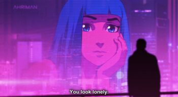 1boy 1girl animification blade_runner_(series) blade_runner_2049 blue_eyes blue_hair blurry colored_skin depth_of_field dmitry_grozov fake_screenshot goslingposting_(meme) hand_on_own_cheek hand_on_own_face highres hologram joi k_(blade_runner_2049) meme nude parody purple_skin retro_artstyle spoilers standing style_parody subtitled tagme thick_eyebrows you_look_lonely_(meme)