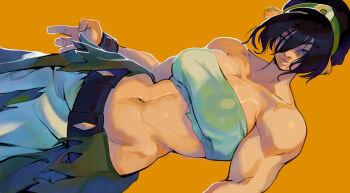 1girl abs absurdres avatar:_the_last_airbender avatar_legends bandeau bare_shoulders belt biceps black_hair blind blue_eyes breasts cleavage collarbone commentary green_hairband hair_between_eyes hair_bun hairband hat highres large_breasts looking_at_viewer midriff muscular muscular_female navel official_alternate_costume orange_background pants relusionh short_hair simple_background single_hair_bun smile solo strapless toph_beifong tube_top updo white_tube_top yellow_background