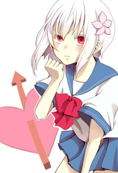 1girl a_certain_high_school_uniform accelerator_(toaru_majutsu_no_index) albino arrow_(symbol) arrow_through_heart bare_arms blue_sailor_collar blue_skirt blush bow clenched_hand closed_mouth commentary cowboy_shot flower genderswap genderswap_(mtf) hair_between_eyes hair_flower hair_ornament hand_up heart looking_at_viewer medium_hair miniskirt negiko123123 pink_flower pleated_skirt red_bow red_eyes sailor_collar school_uniform serafuku shirt short_sleeves sidelocks skirt solo summer_uniform suzushina_yuriko toaru_majutsu_no_index v-shaped_eyebrows white_background white_hair white_shirt