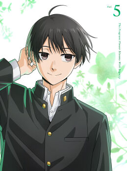 Rule 34 | 1boy, absurdres, ahoge, black hair, black jacket, blu-ray cover, brown eyes, closed mouth, collared shirt, copyright name, cover, flower, gakuran, green flower, highres, jacket, kaoru hana wa rin to saku, looking at viewer, male focus, official art, school uniform, shirt, short hair, smile, solo, upper body, white shirt, yorita ayato