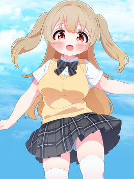 1girl black_bow black_bowtie black_skirt blue_panties blush bow bowtie breasts brown_hair cloud crotch_seam highres long_hair looking_at_viewer medium_breasts minagi_koharu open_mouth panties panty_peek plaid_clothes plaid_skirt r245 red_eyes school_uniform shirt short_sleeves skirt sky slow_loop standing striped_bow striped_bowtie striped_clothes sweater_vest thick_thighs thighhighs thighs twintails underwear white_shirt white_thighhighs wind wind_lift yellow_sweater_vest