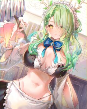 1girl absurdres alternate_costume antlers apron arm_cutout bikini blue_bow blue_bowtie bow bowtie braid braided_bangs branch ceres_fauna clothing_cutout detached_collar detached_sleeves earrings flower frilled_bikini frills green_hair groin hair_flower hair_ornament hair_over_one_eye highres hololive hololive_english horns indoors jewelry leaf light_blush light_smile long_hair long_sleeves looking_at_viewer maid maid_bikini maid_headdress modoki_kuma mop nail_polish navel single_braid solo string_bikini swimsuit unconventional_maid virtual_youtuber white_flower wide_hips wide_sleeves yellow_eyes