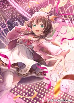 1girl animal_ears ayunda_risu ayunda_risu_(1st_costume) beret blush bow brown_hair concert dress glowstick green_eyes hair_ornament hat holding holding_microphone hololive hololive_indonesia idol long_hair looking_at_viewer microphone multicolored_hair official_art open_mouth outstretched_arm para_sitism screen solo squirrel_ears squirrel_girl squirrel_tail stage stage_lights tail twintails virtual_youtuber white_dress