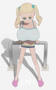 1girl against_railing ahoge aqua_eyes arm_rest artist_name bare_arms bare_shoulders bikini bikini_bottom_only blonde_hair blue_scrunchie breasts camisole cleavage closed_mouth commentary crocs denim denim_shorts full_body green_panties guard_rail hair_ornament hair_scrunchie hand_rest highres huge_breasts kusogaki-chan_(niwatori5948) leaning_back legs_apart long_hair looking_at_viewer looking_up micro_shorts navel niwatori5948 no_bra oppai_loli original panties pink_shoes railing scrunchie shadow shirt shoes shorts signature skinny smile solo spaghetti_strap standing straight-on swimsuit taut_clothes taut_shirt traffic_barrier twintails underwear v-shaped_eyebrows white_camisole