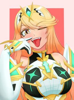 1girl bare_shoulders blonde_hair breasts chest_jewel commentary core_crystal_(xenoblade) dress earrings elbow_gloves english_commentary floating_earrings gloves hanatohikari hand_up highres jewelry large_breasts long_hair microdress mythra_(massive_melee)_(xenoblade) mythra_(xenoblade) neon_trim one_eye_closed open_mouth smile solo swept_bangs teeth tiara upper_body upper_teeth_only very_long_hair white_dress white_gloves xenoblade_chronicles_(series) xenoblade_chronicles_2 yellow_eyes