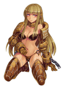 1girl arm_support bare_shoulders blonde_hair blunt_bangs blush bra breasts brown_bra brown_hair brown_panties chain cleavage closed_mouth collar expressionless female_focus full_body golem golem_(monster_girl_encyclopedia) grey_background headset kenkou_cross kneeling long_hair looking_at_viewer medium_breasts monster_girl monster_girl_encyclopedia navel o-ring official_art panties pink_eyes red_eyes robot_ears runes simple_background solo thighhighs underwear white_background