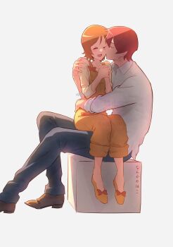 1boy 1girl blush bob_cut box brown_hair closed_eyes couple denim flirting hands_on_another&#039;s_shoulders hands_on_another&#039;s_waist hands_on_own_chest happinesscharge_precure! highres holding holding_own_hand jeans kiss kissing_cheek loafers long_sleeves looking_to_the_side mature_female on_box oomori_yuuko pants parted_bangs phantom_(happinesscharge_precure!) precure red_hair ribbon shoes short_hair sitting sitting_on_box sitting_on_lap sitting_on_person wasa7subi