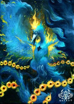 1boy acrylic_paint_(medium) alternate_form anchor_tattoo bird blue_theme chest_tattoo claws commentary male_focus marco_(one_piece) one_piece open_mouth painting_(medium) phoenix solo tail tattoo traditional_media wafalo watermark wings