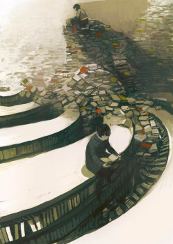 00s 1boy 1girl aoi_(gits) black_hair book boots chiizu_sakiika coat cyborg ghost_in_the_shell ghost_in_the_shell:_stand_alone_complex kusanagi_motoko laughing_man_(gits) library open_book pile_of_books reading red_footwear shelf sitting too_many too_many_books