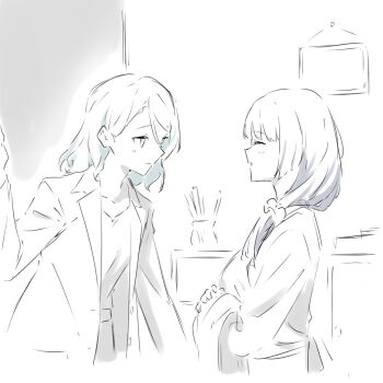 Rule 34 | 2girls, aged up, bang dream!, greyscale, hair ornament, hair scrunchie, highres, hikawa sayo, indoors, jacket, kanade (kanade 3344), long hair, long sleeves, low side ponytail, medium hair, monochrome, multiple girls, open clothes, open jacket, scrunchie, shirokane rinko, shirt