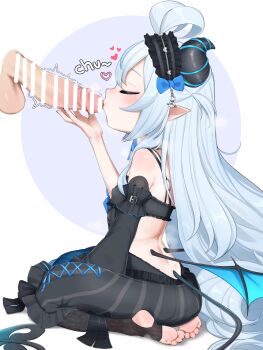 1boy 1girl absurdres akugaki_koa bar_censor black_dress black_sleeves black_socks black_tail blue_horns blue_wings censored chromashift closed_eyes commission demon_girl demon_horns demon_tail demon_wings detached_sleeves disembodied_penis dress fellatio goki_buri grey_hair heart hetero highres horns kissing_penis loli long_hair long_sleeves oral paid_reward_available penis pixiv_commission pointy_ears revision sitting socks soles stirrup_legwear striped_horns tail testicles toeless_legwear toes twitching_penis very_long_hair virtual_youtuber wariza wings