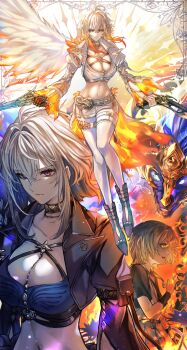 1girl age_progression ahoge black_jacket blue_bra bra breasts chimera_(wuthering_waves) cleavage closed_mouth collarbone colored_tips commentary_request cropped_jacket dual_wielding galbrena_(wuthering_waves) gold_choker gun hair_between_eyes hair_intakes highres holding holding_gun holding_weapon jacket medium_breasts medium_hair mole mole_on_neck multicolored_hair navel official_alternate_color orange_eyes pantyhose purple_eyes shorts sidelocks stomach tacet_discord_(wuthering_waves) thigh_strap underwear weapon white_bra white_hair white_jacket white_pantyhose white_shorts wuthering_waves yellow_eyes yoru_shiki