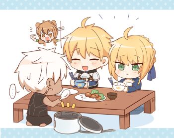 Rule 34 | 2boys, 2girls, ahoge, animal ears, archer (fate), arthur pendragon (fate), artoria pendragon (fate), blonde hair, blue dress, bowl, braid, chibi, chopsticks, closed eyes, commentary request, dark-skinned male, dark skin, dress, fate/grand order, fate (series), food, green eyes, hair ribbon, holding, holding bowl, holding chopsticks, jaguarman (fate), juliet sleeves, long sleeves, multiple boys, multiple girls, open mouth, orange eyes, orange hair, plate, puffy sleeves, rabi (swordofthestone), ribbon, rice cooker, saber (fate), seiza, shamoji, short hair, sitting, smile, table, white hair