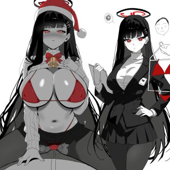 1boy 1girl absurdres ben_trueday bikini black_hair blazer blue_archive blush breasts bulge cleavage clothes_lift commentary covered_erect_nipples doodle_sensei_(blue_archive) english_commentary hair_ornament hairclip hand_on_own_hip hat hetero highres holding holding_tablet_pc jacket large_breasts long_hair navel pantyhose pleated_skirt red_bikini red_eyes ribbed_sweater ringed_eyes rio_(blue_archive) santa_hat sensei_(blue_archive) simple_background sitting sitting_on_person skirt spot_color sweater sweater_lift swimsuit tablet_pc torn_clothes torn_pantyhose turtleneck turtleneck_sweater very_long_hair white_background