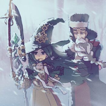 1boy 1girl artelinde_(sekaiju) beard black_eyes black_hair blank_eyes blizzard braid braided_beard etrian_odyssey facial_hair frown fur_hat hat holding holding_staff long_hair long_sleeves reiesu_(reis) sekaiju_no_meikyuu sekaiju_no_meikyuu_2 snow snow_on_body snow_on_head snowing blizzard staff ushanka wilhelm_(sekaiju) witch_hat
