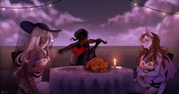Rule 34 | 1girl, animal ears, arkanis, arthropod girl, bat ears, biiahwolf, black veil, bottle, bow (music), breasts, brown hair, candlelight, chicken (food), colored eyelashes, colored skin, cup, dagger, dante will, dante will (spider), dark-skinned female, dark skin, diner, dress, drinking glass, extra arms, extra eyes, fingernails, food, hat veil, highres, holding, holding bow (music), holding instrument, holding violin, indie virtual youtuber, insect girl, instrument, knife, long hair, minecraft youtube, monster girl, music, plateia (arkanis), playing instrument, playing violin, purple skin, sharp fingernails, smile, spider girl, spider hair ornament, spikes, teia total (arkanis), veil, violin, virtual youtuber, weapon, white dress, white hair, wine bottle, wine glass, wings