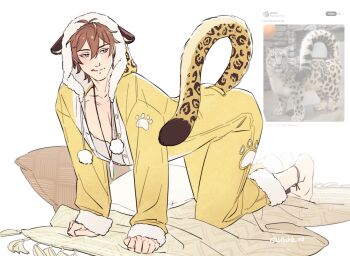 1boy :q all_fours animal_ear_hood animal_ears animal_print anklet antenna_hair bare_pectorals barefoot blanket bodysuit brown_eyes brown_hair bthshb_nu clenched_hands closed_mouth collarbone commentary cosplay crystal_necklace eiden_(nu_carnival) english_commentary fake_animal_ears full_body fur-trimmed_bodysuit fur-trimmed_hood fur-trimmed_sleeves fur_trim hair_between_eyes highres hood jewelry kigurumi leopard leopard_ears leopard_print leopard_tail looking_to_the_side male_focus nipples nu_carnival open_bodysuit open_clothes paw_print pectorals photo-referenced photo_inset pillow pom_pom_(clothes) reference_inset short_hair solo tail tongue tongue_out twitter twitter_username white_background yellow_bodysuit