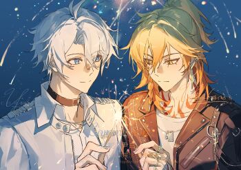 Rule 34 | 2boys, absurdres, antenna hair, black collar, black jacket, blonde hair, blue eyes, braid, collar, collared shirt, commission, dog tags, earrings, facial tattoo, gold earrings, gradient hair, hashtag-only commentary, highres, holding, holding fireworks, honkai: star rail, honkai (series), jacket, jewelry, leather, leather jacket, male focus, medium hair, multicolored hair, multiple boys, mydei (honkai: star rail), neck tattoo, night, parted bangs, phainon (honkai: star rail), red hair, red tattoo, shirt, short hair, side braid, tattoo, watermark, white hair, white shirt, yellow eyes, yinbai