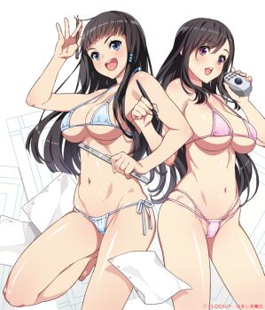2girls :d ayabe_haruru back-to-back barefoot beads bikini black_hair blue_bikini blue_eyes blunt_bangs blush breasts cleavage contrapposto ero_manga!_h_mo_manga_mo_step-up eroge!_h_mo_game_mo_kaihatsu_zanmai from_side gradient_background hair_beads hair_ornament hamashima_shigeo hand_up hands_up highleg highleg_bikini himeno_kisara holding large_breasts leg_up long_hair looking_at_viewer lowleg lowleg_bikini micro_bikini computer_mouse multi-strapped_bikini multiple_girls navel official_art open_mouth paper pencil pink_bikini red_eyes ruler shiny_skin side-tie_bikini_bottom sideboob sidelocks skindentation smile standing standing_on_one_leg straight_hair strap_gap string_bikini stylus swept_bangs swimsuit teeth thighs underboob upper_teeth_only v-shaped_eyebrows very_long_hair white_background